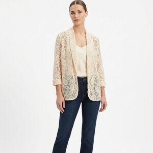 Cream Floral Lace Open Front Cardigan 3/4 Sleeve Summer Sweater Boho Coquette XL